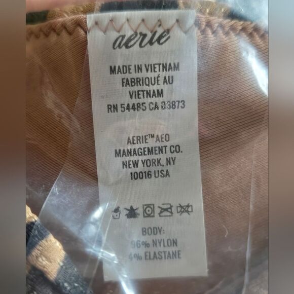 Aerie Pique Animal Print Tie Longline Triangle Bikini Top Sienna Black Sz Small - Picture 6 of 7